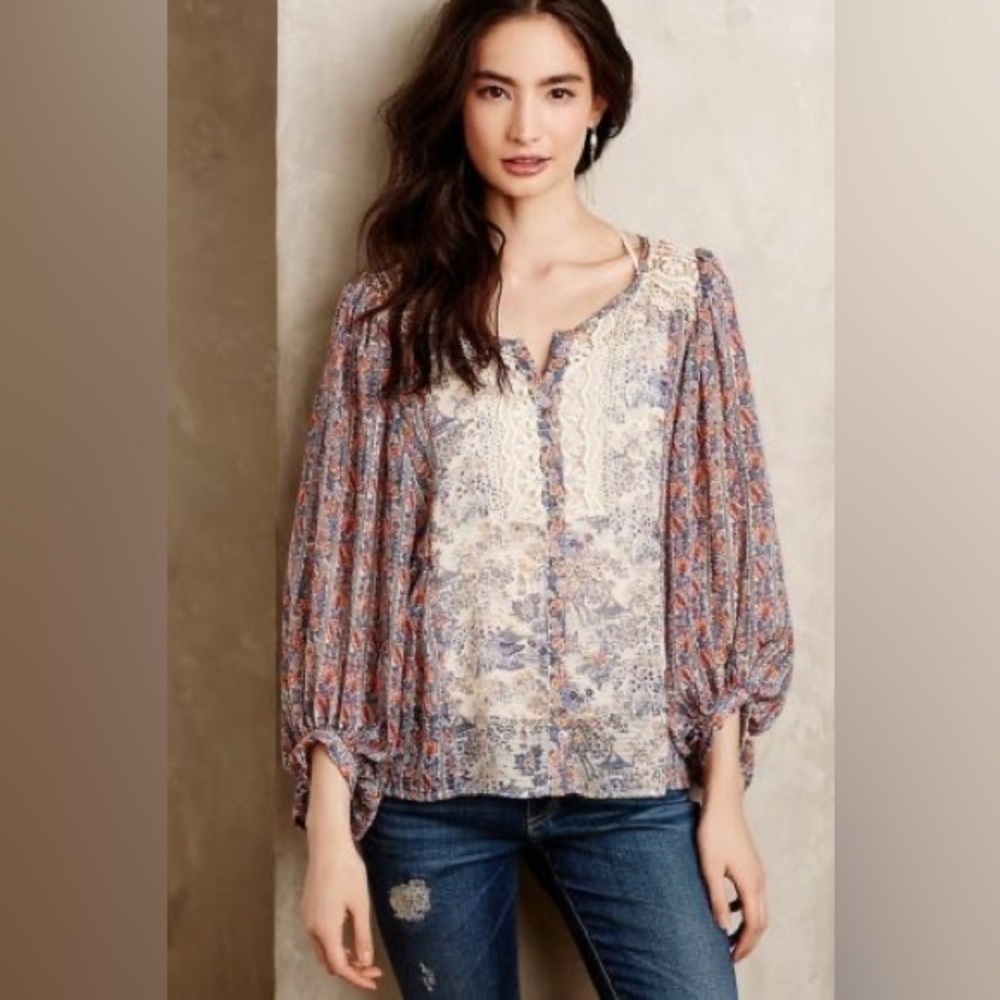 Anthropologie HD in Paris Chinoiserie Peasant Button Down Blouse, Size 2
